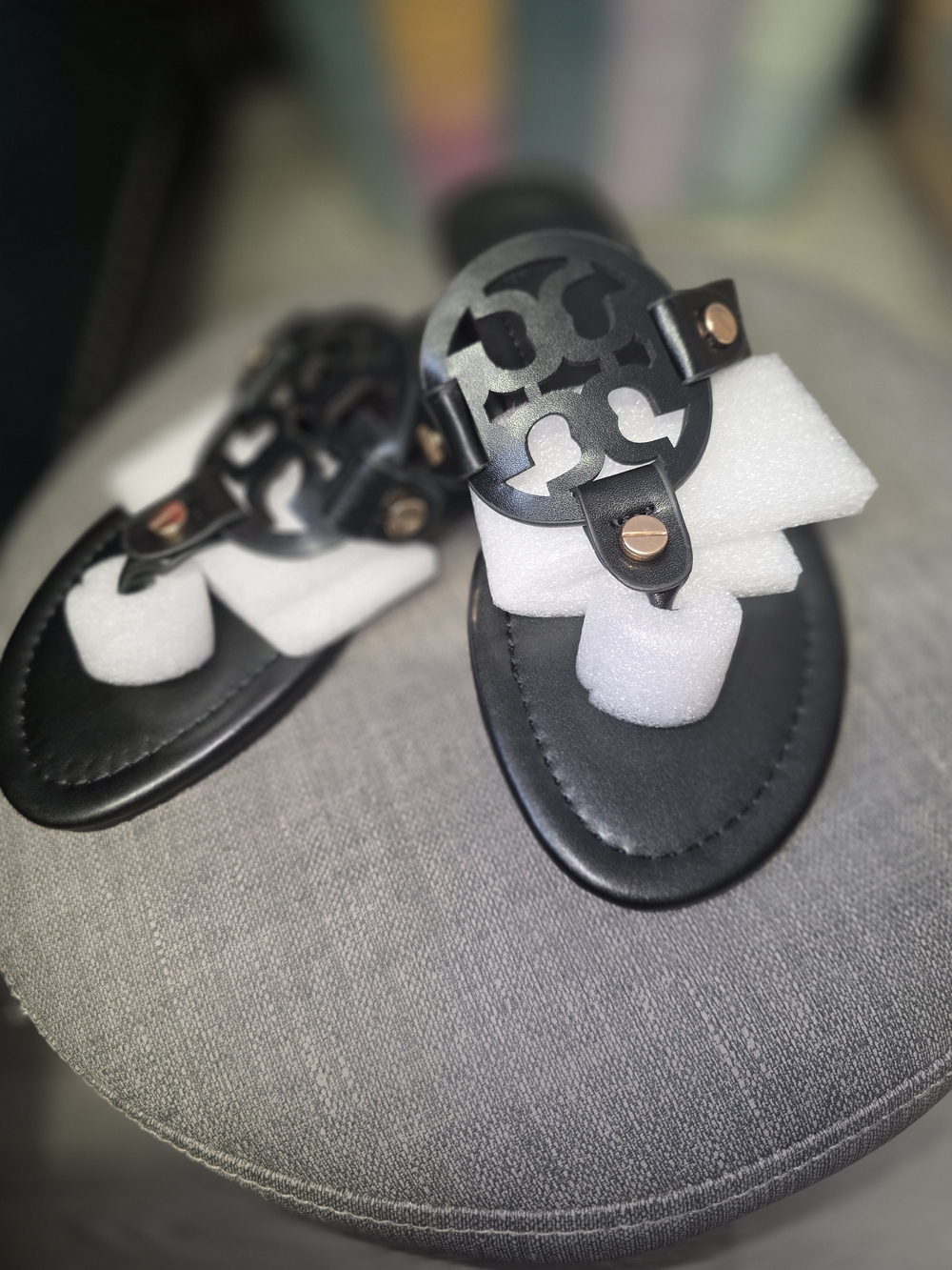 Women's Black Logo Cutout Thong Sandals